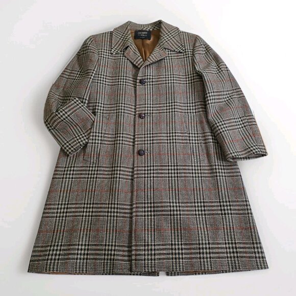 VTG Crombie Wool Coat 44 Glen Plaid LS Lined 1 Vent Buttons Union Made Classic - Picture 8 of 16